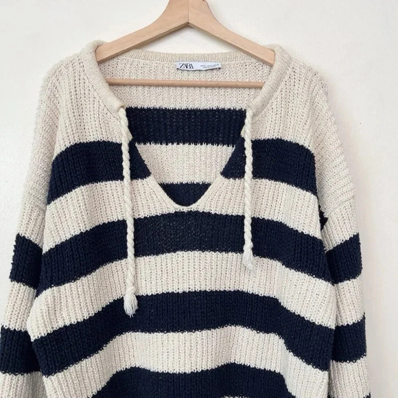 Zara  Womens M Stripes Nautical Oversized Navy White Knit Sweater - Picture 3 of 14